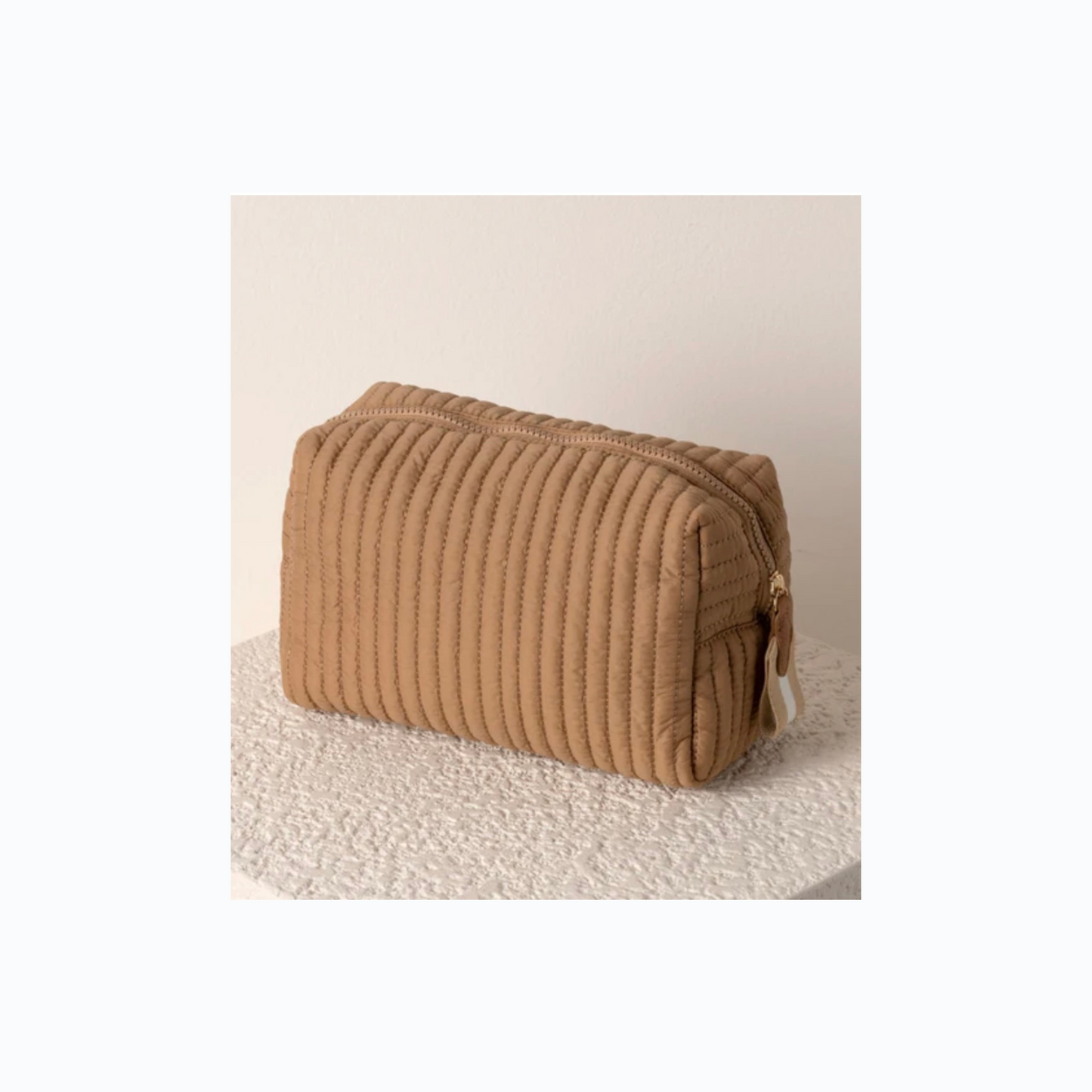 Tan Quilted Large Nylon Makeup Bag