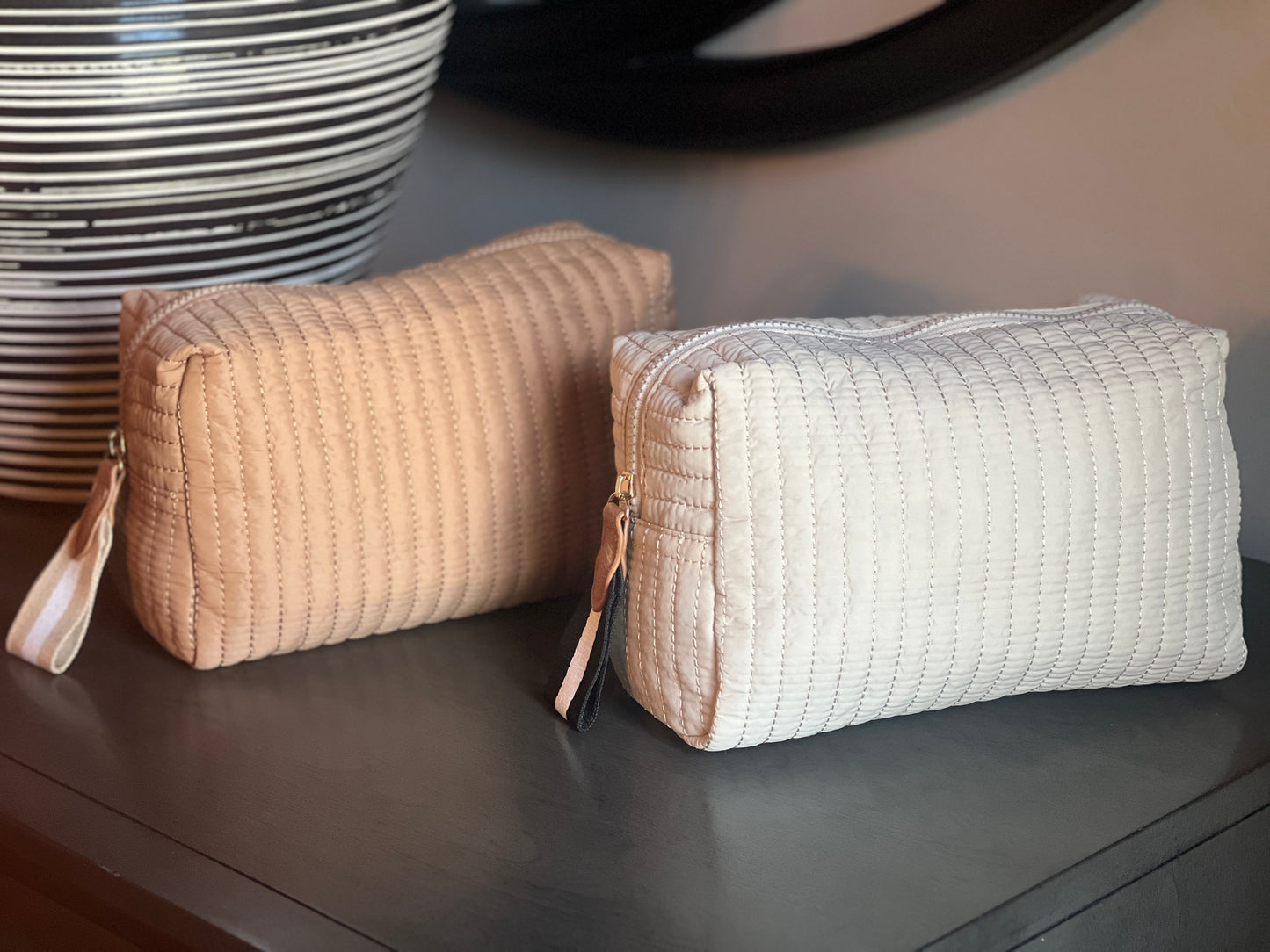 Ivory Quilted Large Nylon Makeup Bag