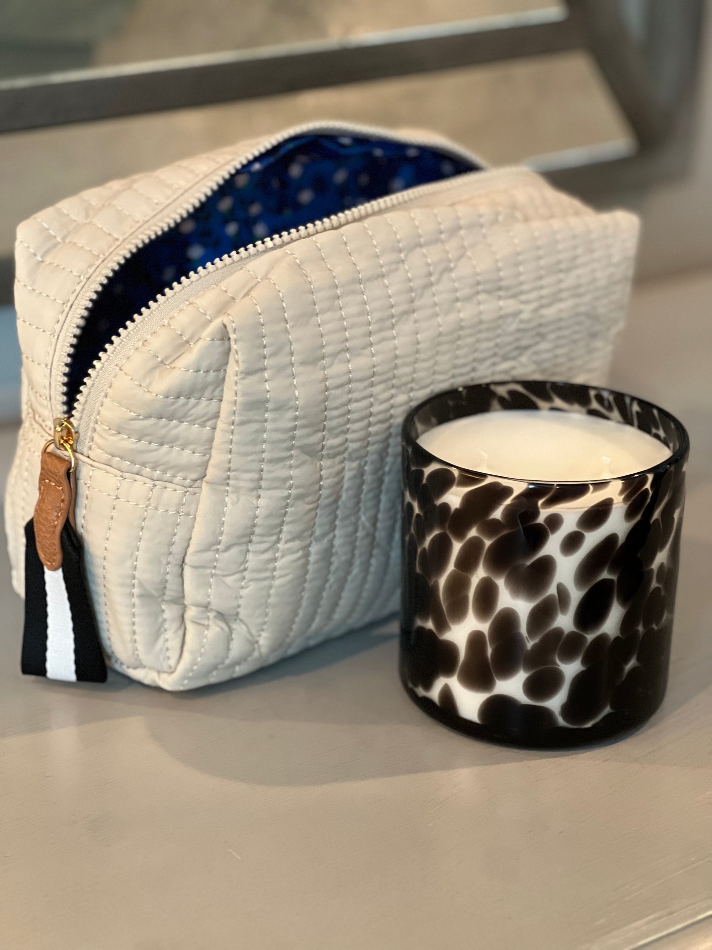 Ivory Quilted Large Nylon Makeup Bag