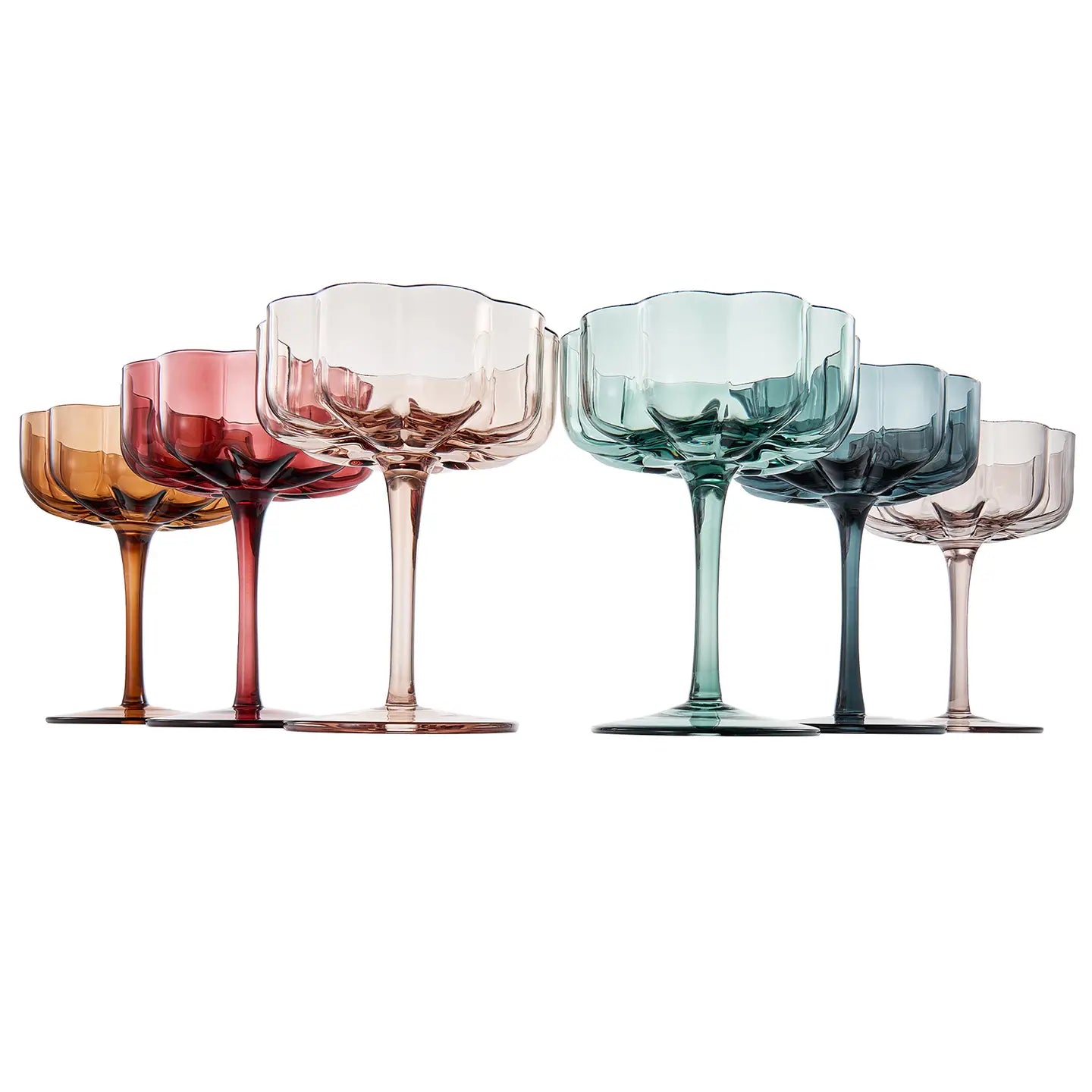 Flower Vintage Wavy Petals Glass Coupe 7oz, (Muted) 6 colors