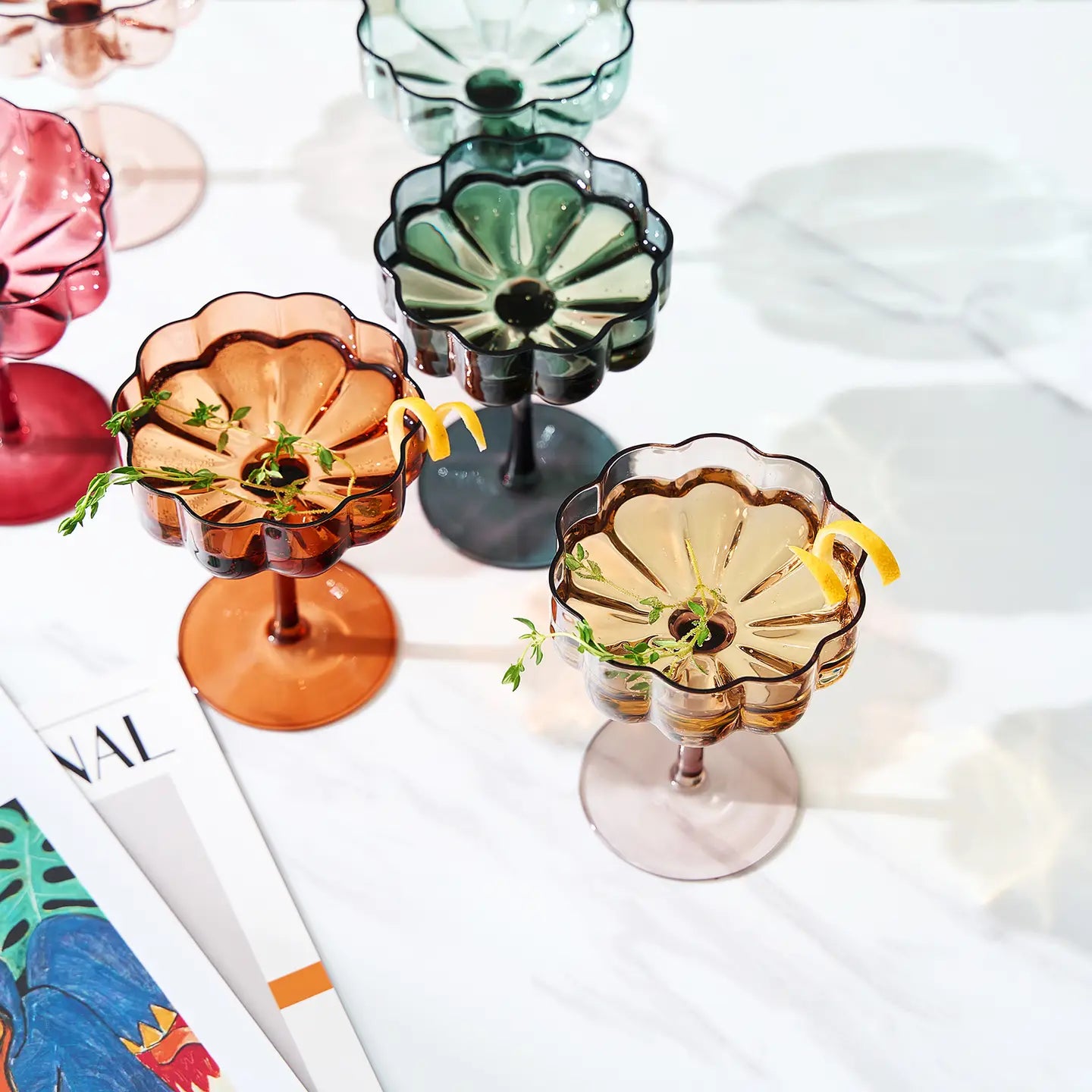 Flower Vintage Wavy Petals Glass Coupe 7oz, (Muted) 6 colors