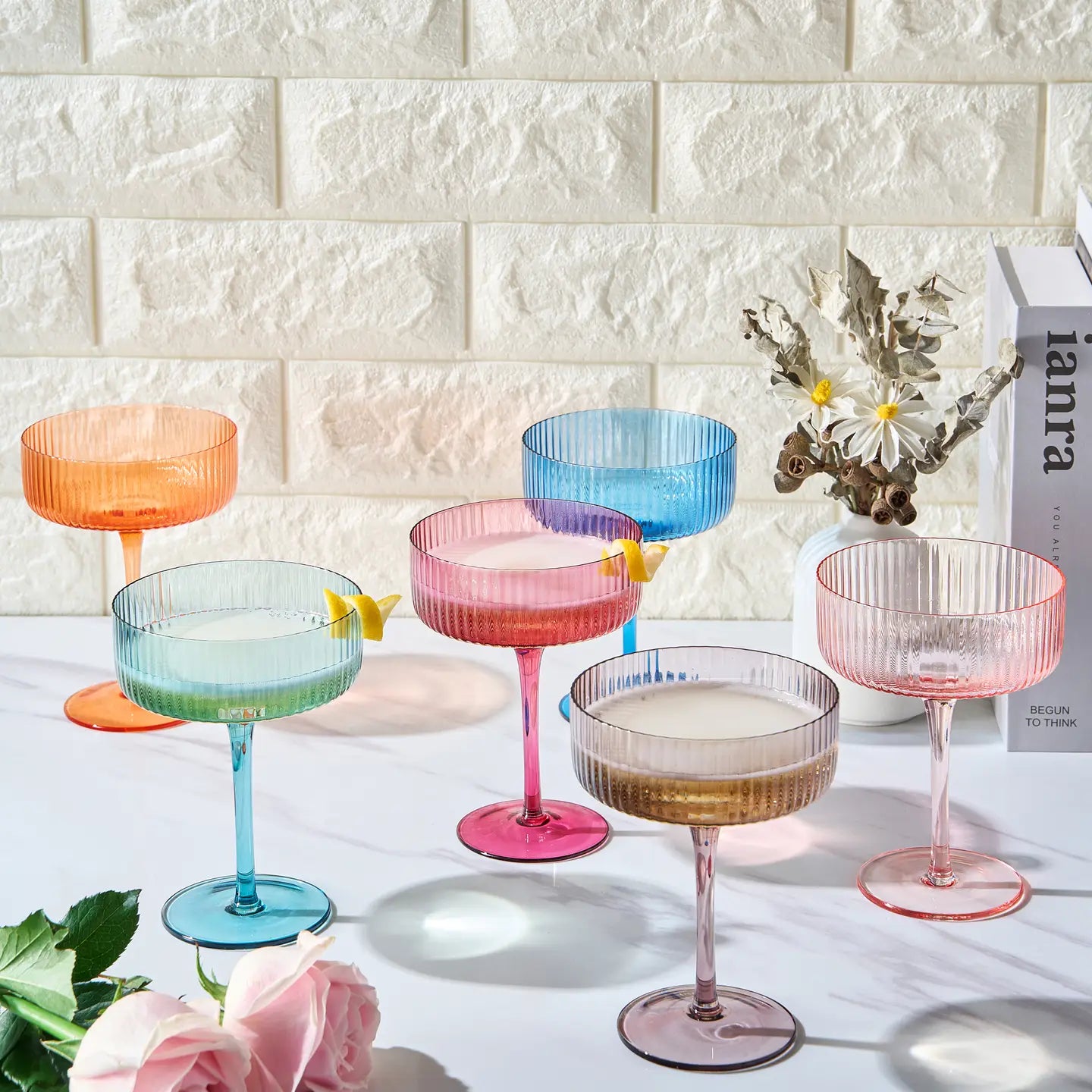Ribbed Vintage Art Deco Coupe Glasses | 10 oz Glass