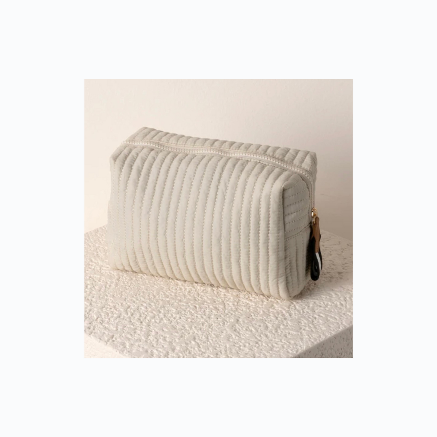 Ivory Quilted Large Nylon Makeup Bag
