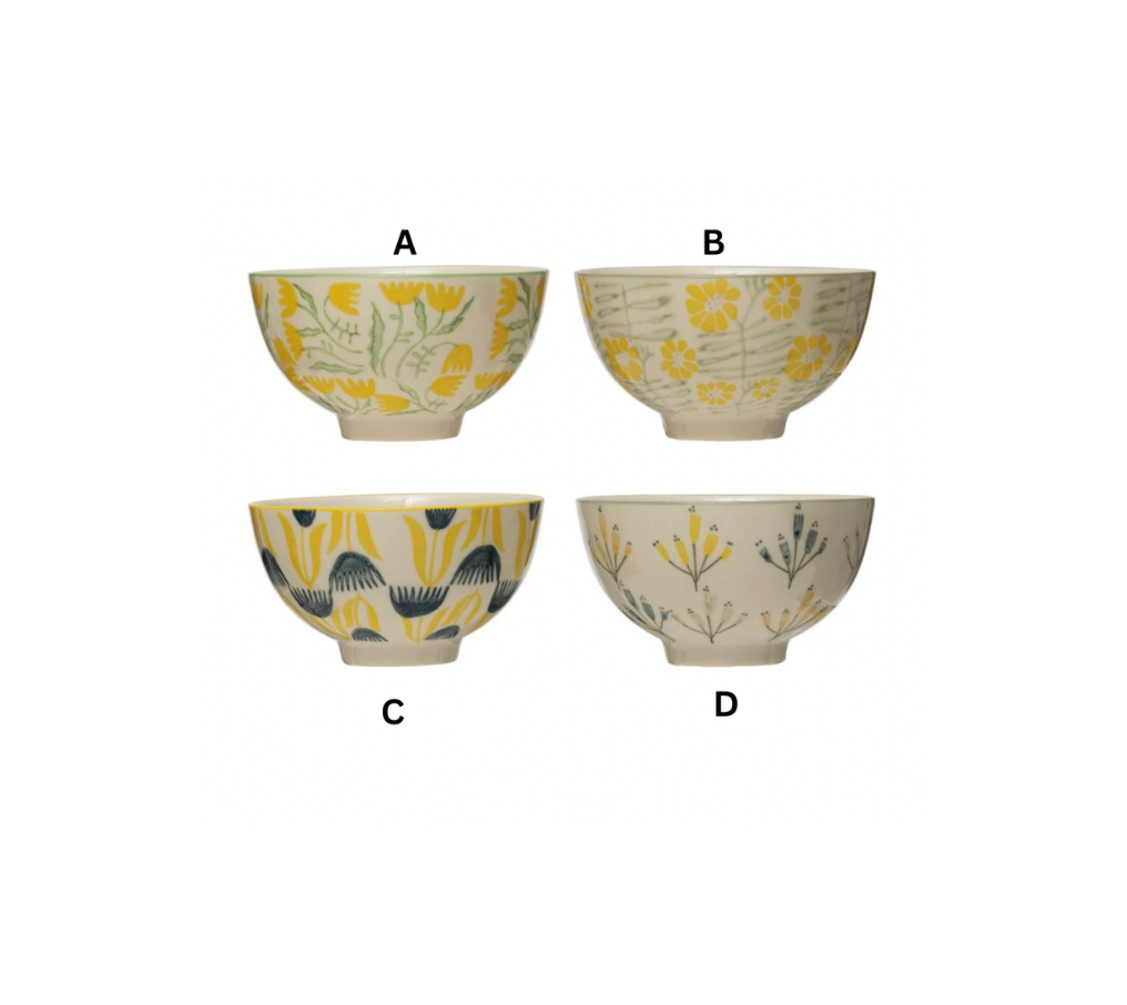 Hand Stamped Stoneware Bowls with Flowers, 4 styles
