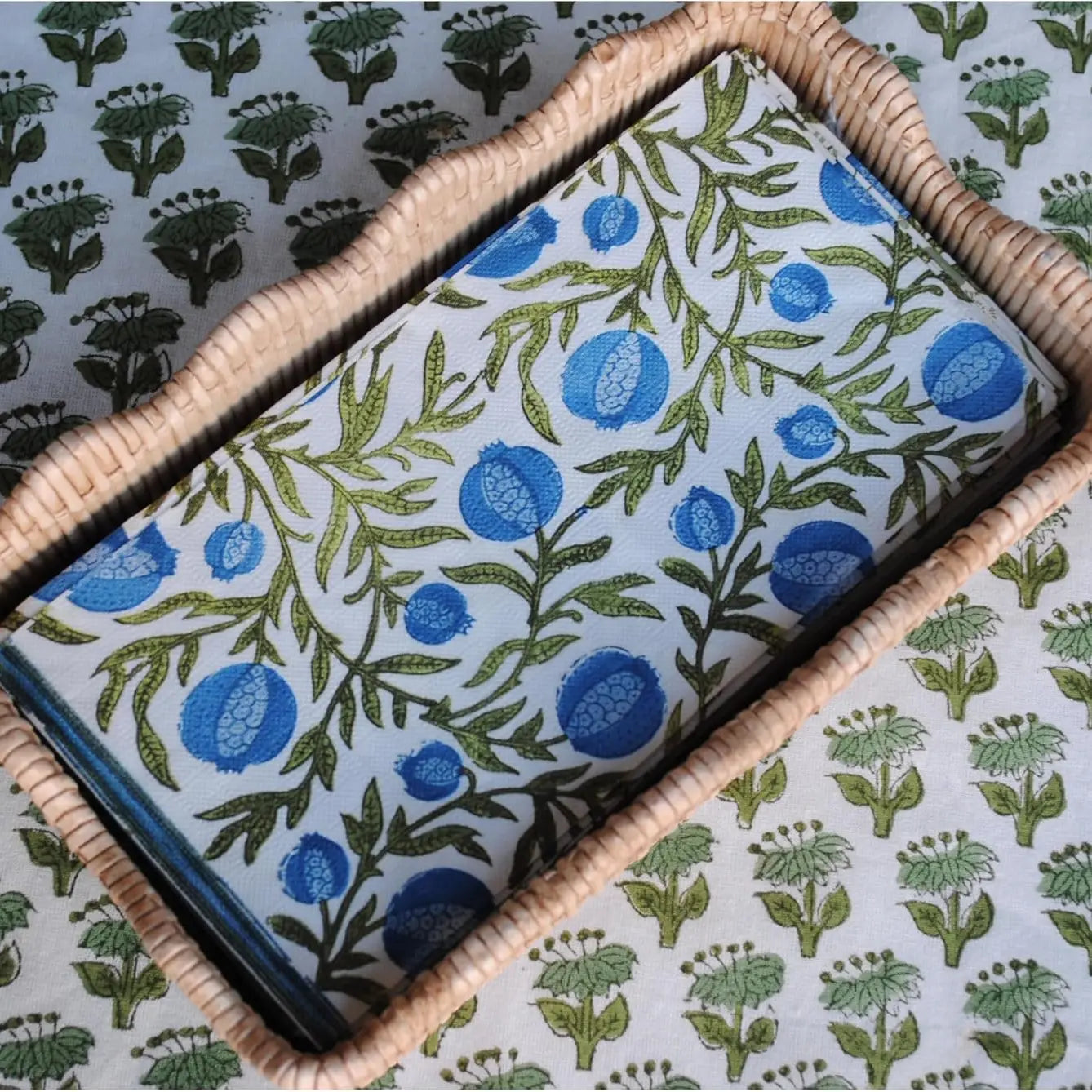 Blue Pomegranate Block-Print Paper Guest Napkins