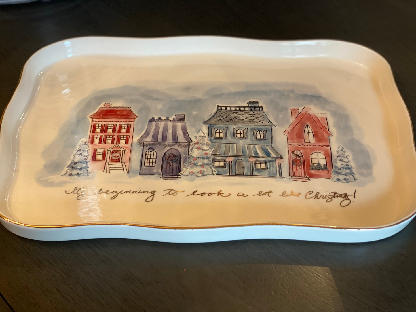 Stoneware Platter w/ Village Christmas Scene & Gold Electroplating