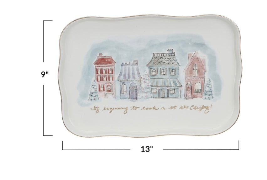 Stoneware Platter w/ Village Christmas Scene & Gold Electroplating