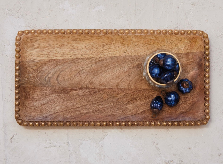 Carved Mango Wood Tray w/ Wood Beads, Natural & Gold Finish