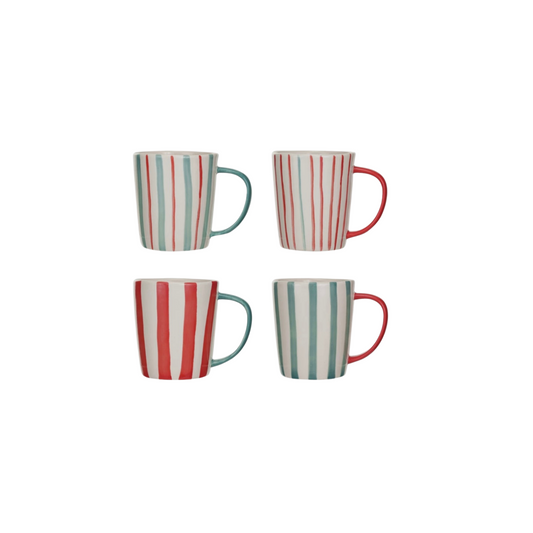 14 oz. Hand-Painted Stoneware Mug, Red, Aqua & Cream Color, 4 Styles