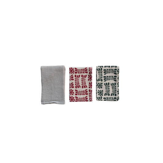 Stonewashed Cotton Printed & Waffle Weave Tea Towels, Set of 3